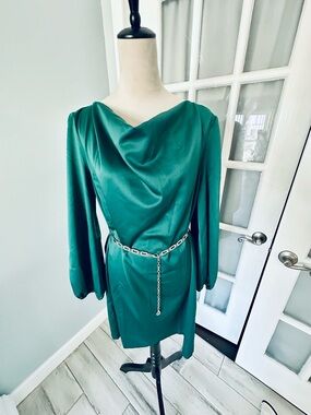 Ann Taylor Emerald Satin Cowl Neck Long Sleeve Dress